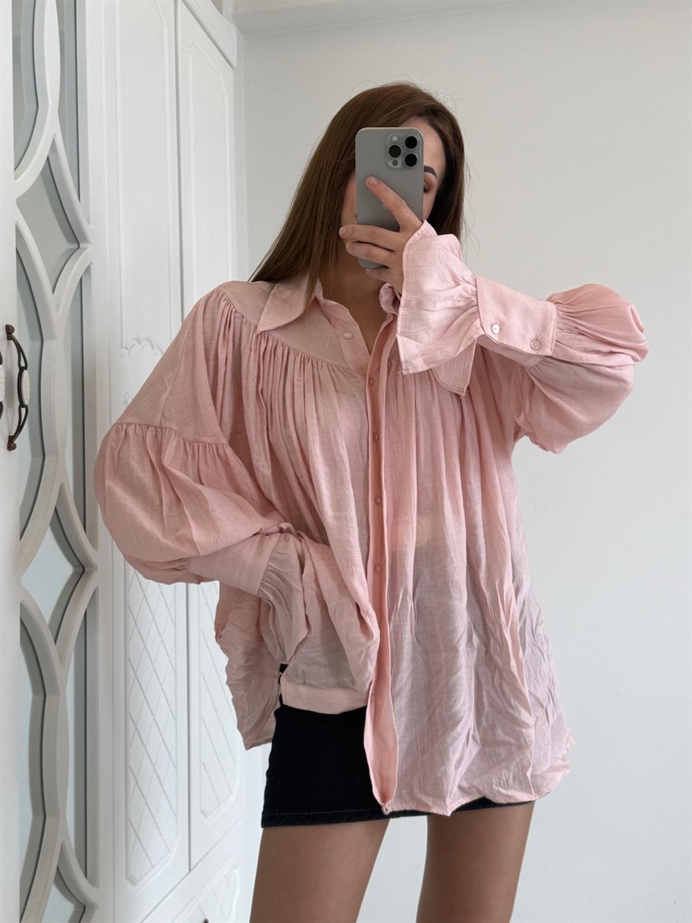 Tasarim Volanli Gömlek Pembe
