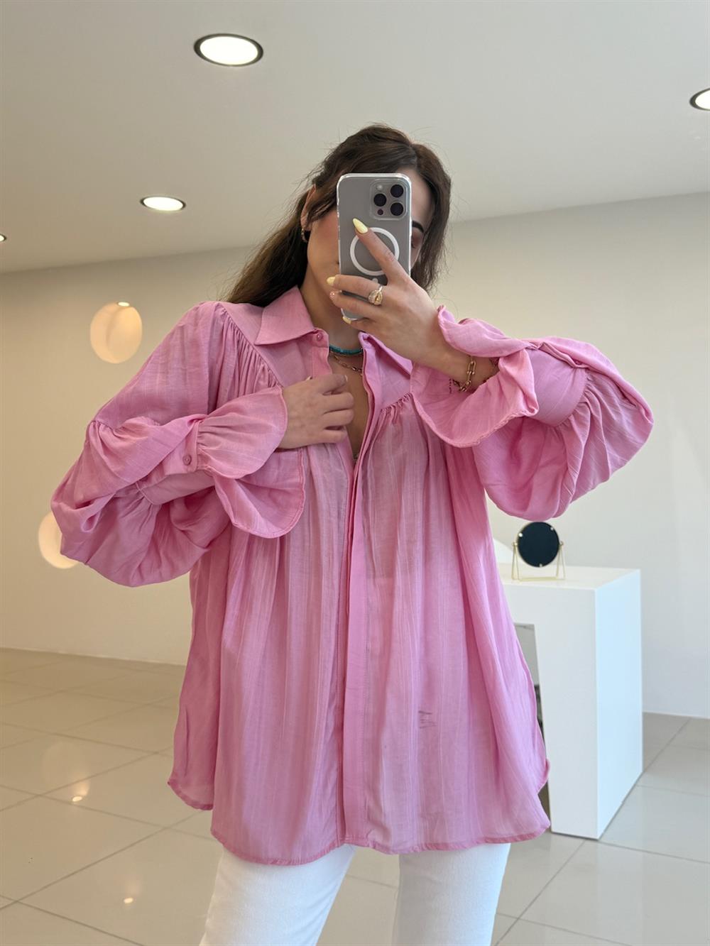 TASARIM VOLANLI GÖMLEK PEMBE