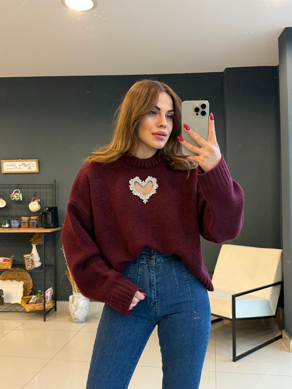 Taşli Kalp Detayli Kazak Bordo