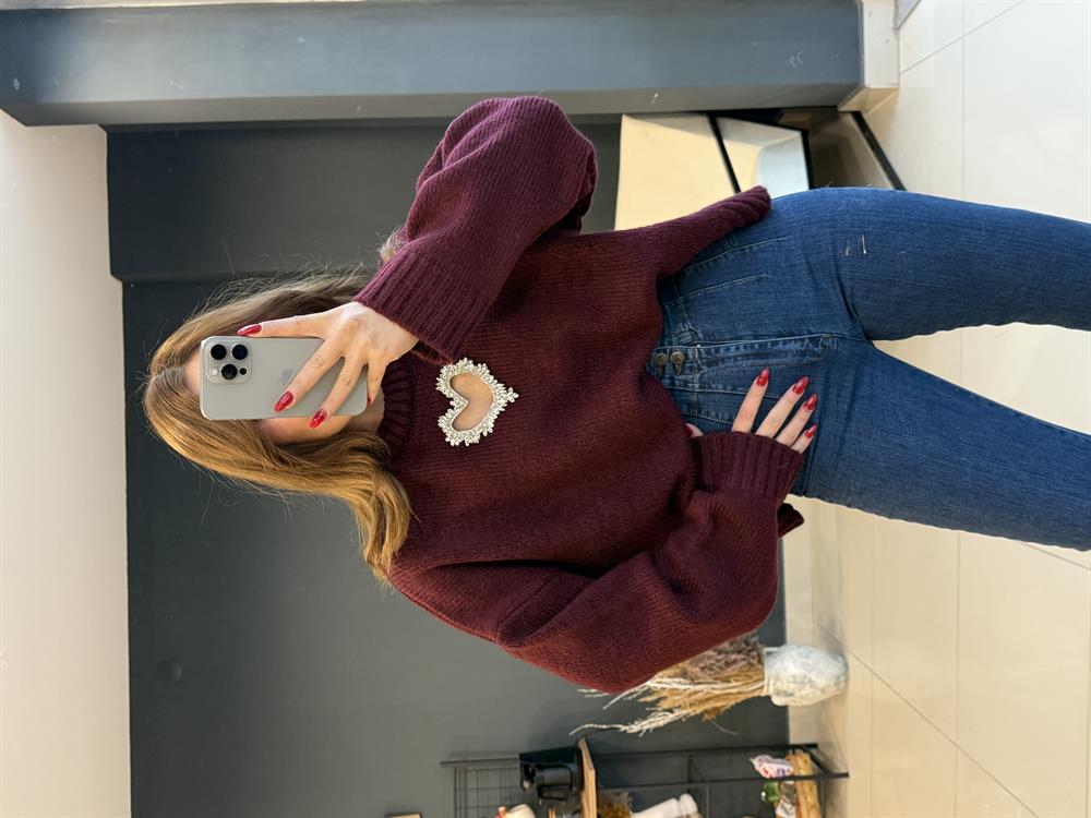 Taşli Kalp Detayli Kazak Bordo