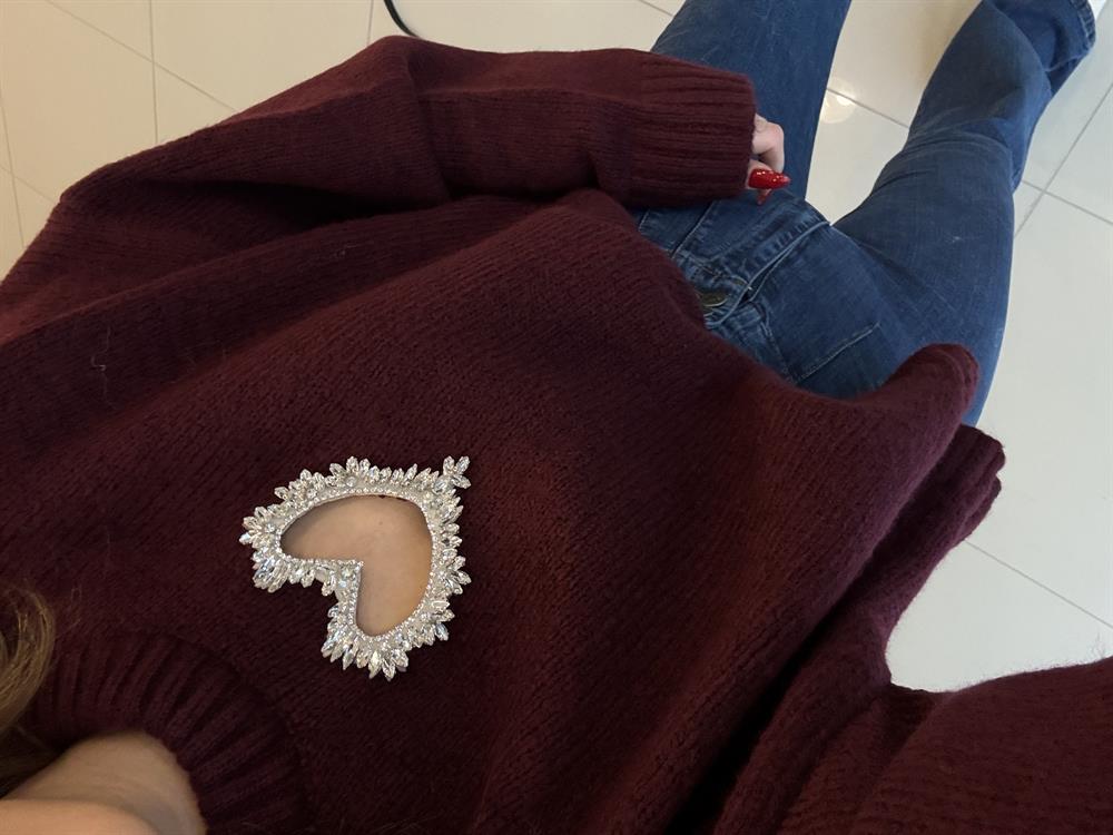 Taşli Kalp Detayli Kazak Bordo