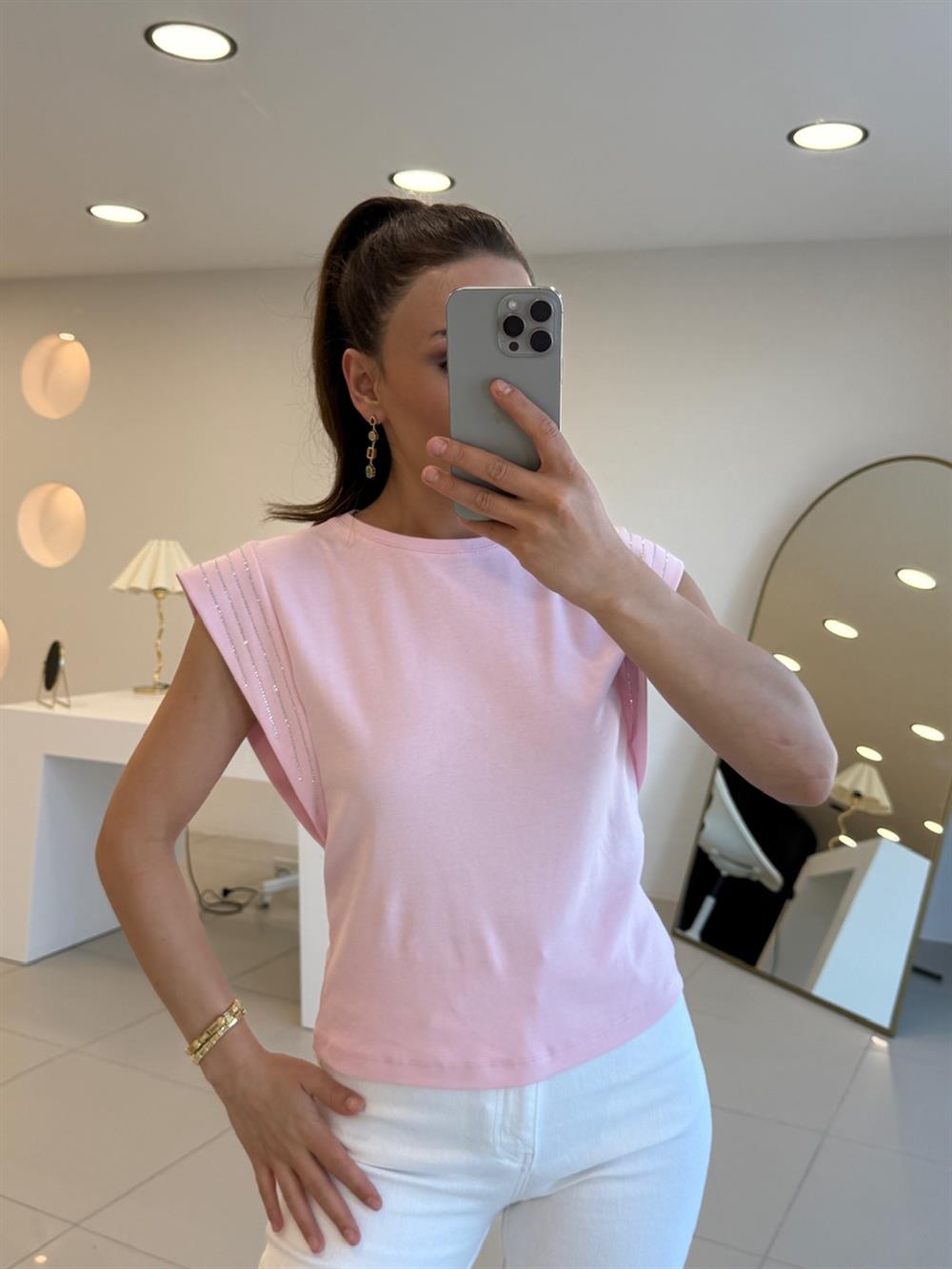 TAŞLI KOLSUZ TSHIRT PEMBE