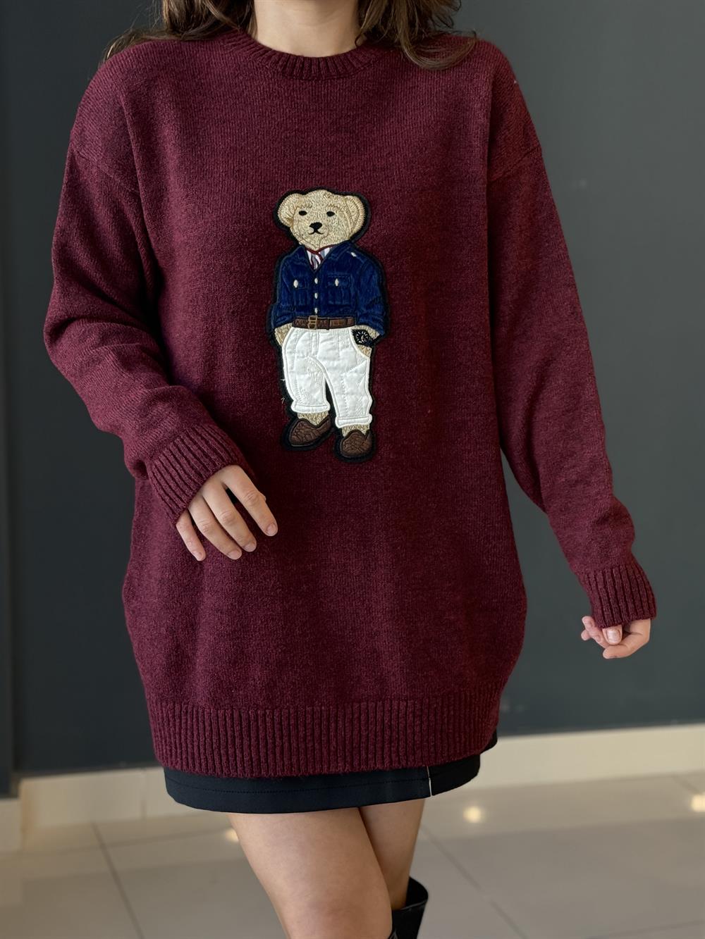 Teddy İşlemeli̇ Kazak Bordo