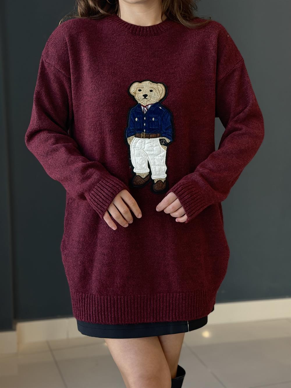 Teddy İşlemeli̇ Kazak Bordo