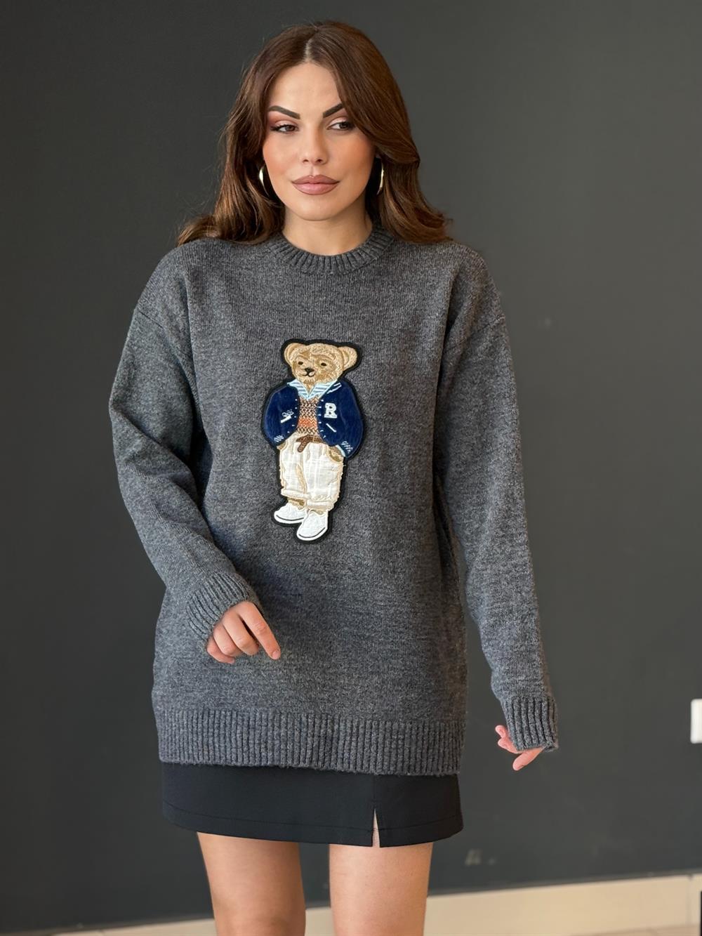 Teddy İşlemeli̇ Kazak Gri̇