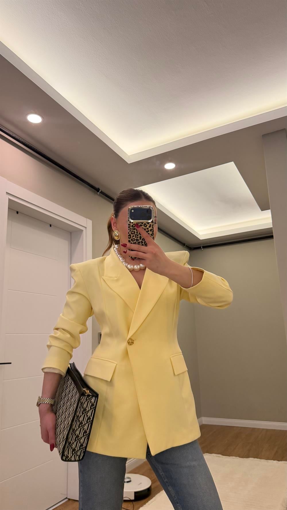 TEK DÜĞMELİ VATKALI BLAZER CEKET SARI 