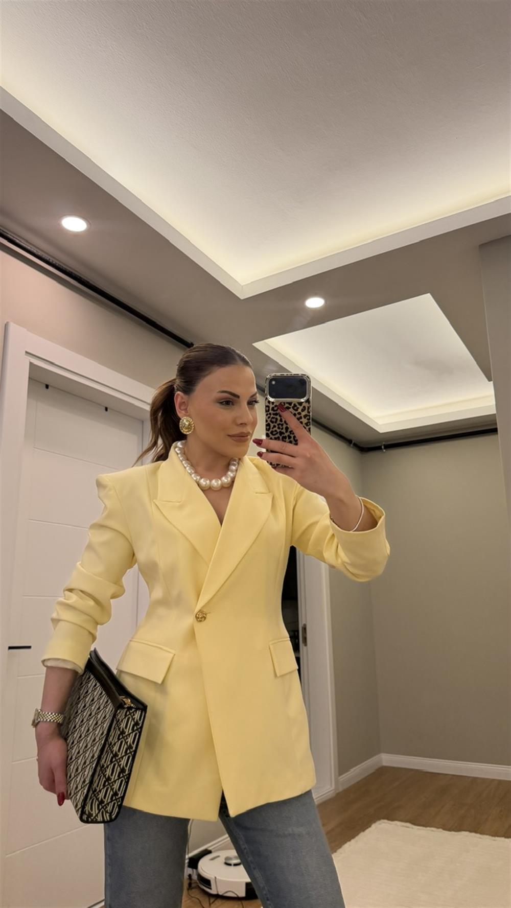 TEK DÜĞMELİ VATKALI BLAZER CEKET SARI 