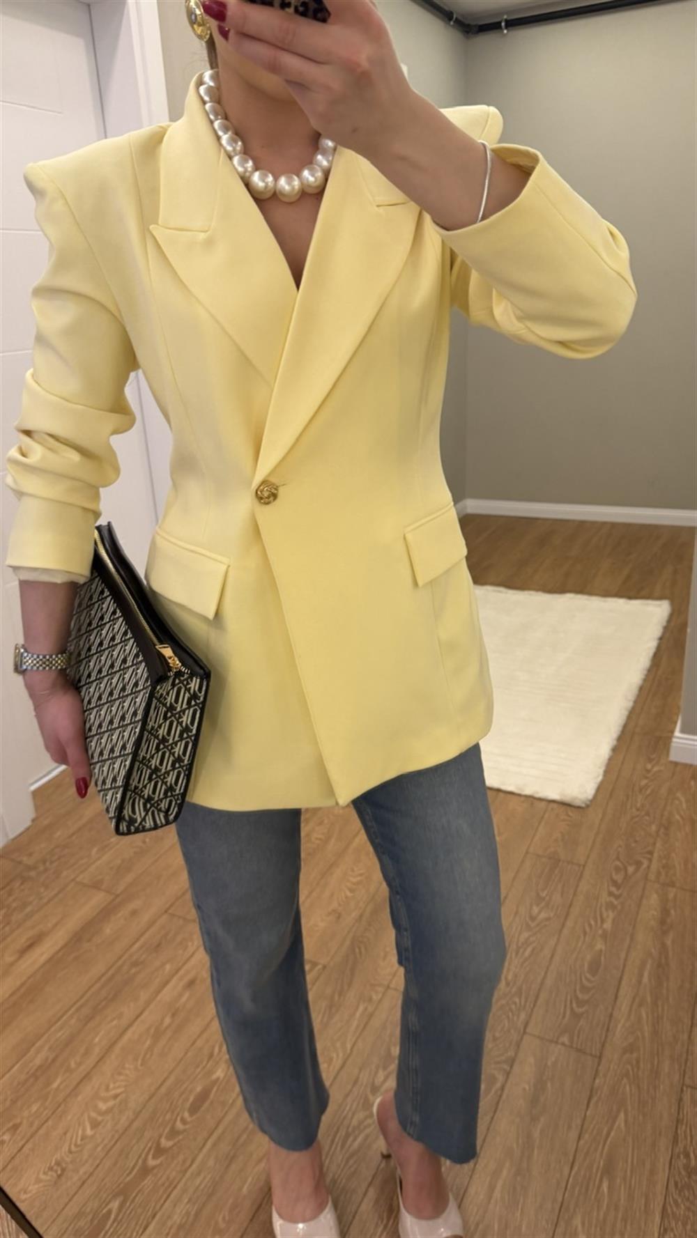 TEK DÜĞMELİ VATKALI BLAZER CEKET SARI 