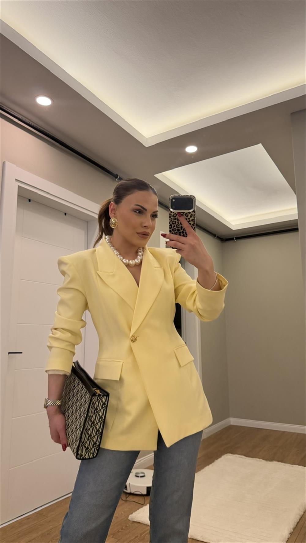 TEK DÜĞMELİ VATKALI BLAZER CEKET SARI 
