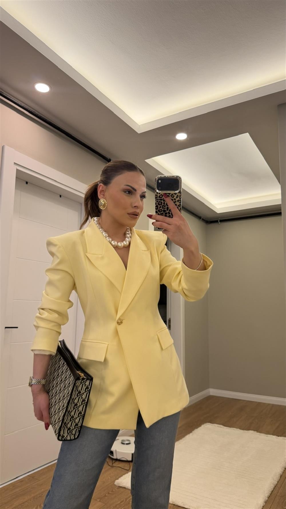TEK DÜĞMELİ VATKALI BLAZER CEKET SARI 