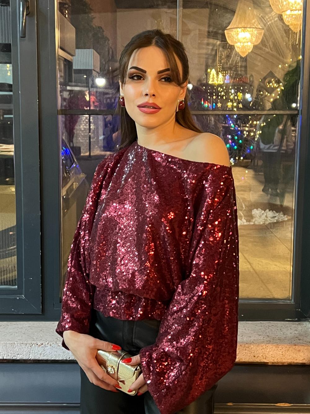 Tek Omuz Payetli̇ Bluz Bordo