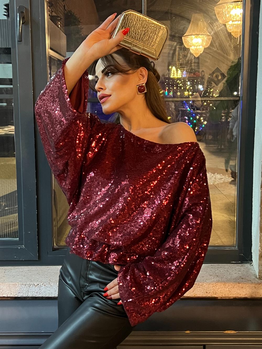 Tek Omuz Payetli̇ Bluz Bordo