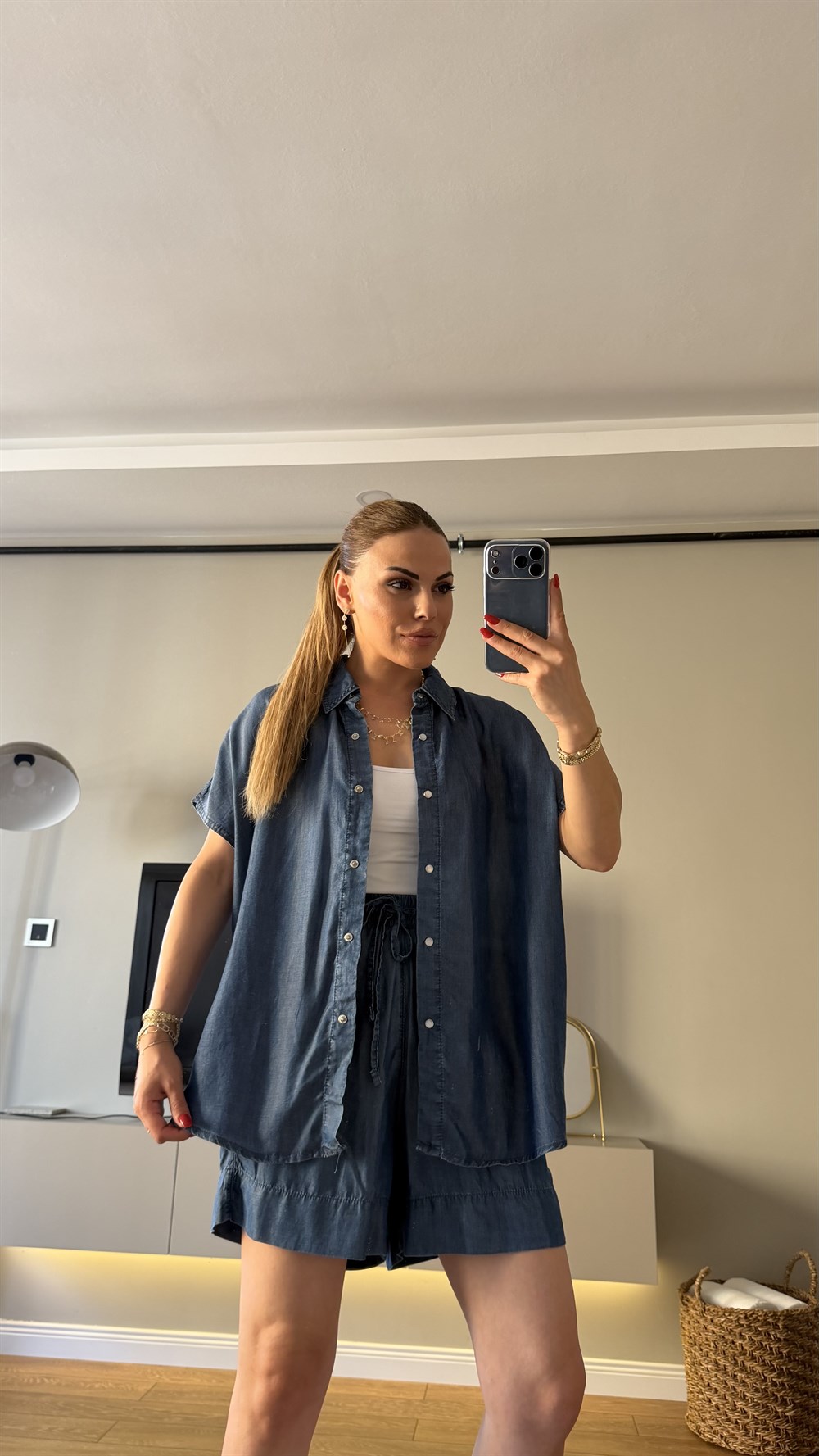 Tensel Gömlek Şort Takım Jean Mavi