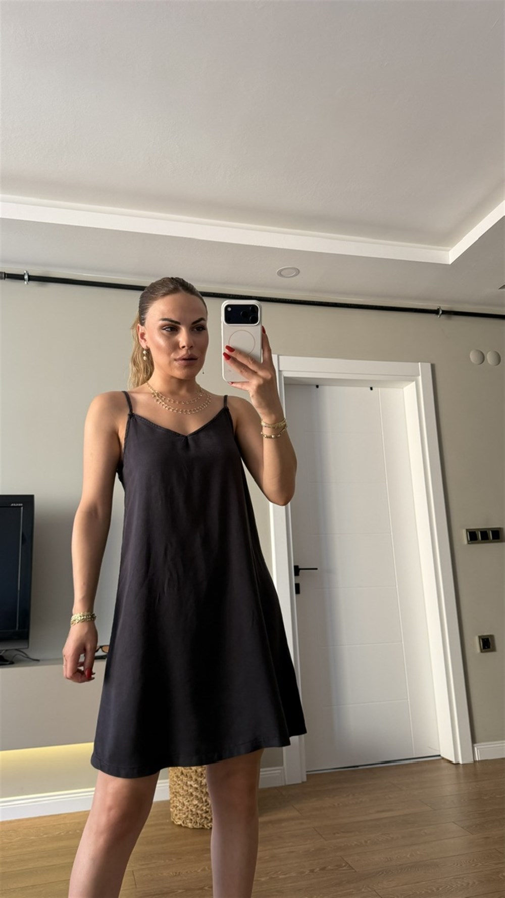 Tensel İp Askılı Kısa  Elbise Antrasit