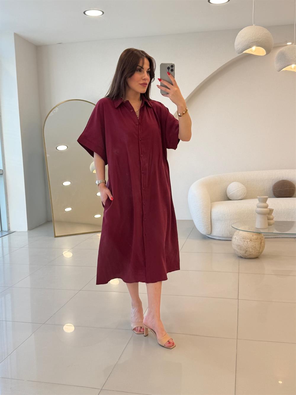 TİRİL KUMAŞ GÖMLEK ELBİSE BORDO