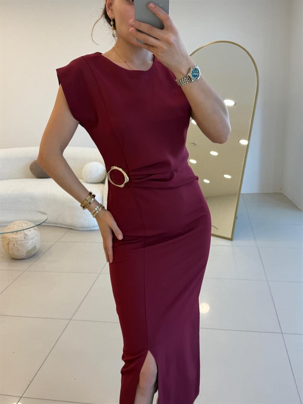 TOKA DETAYLI KRUVAZE ELBİSE BORDO