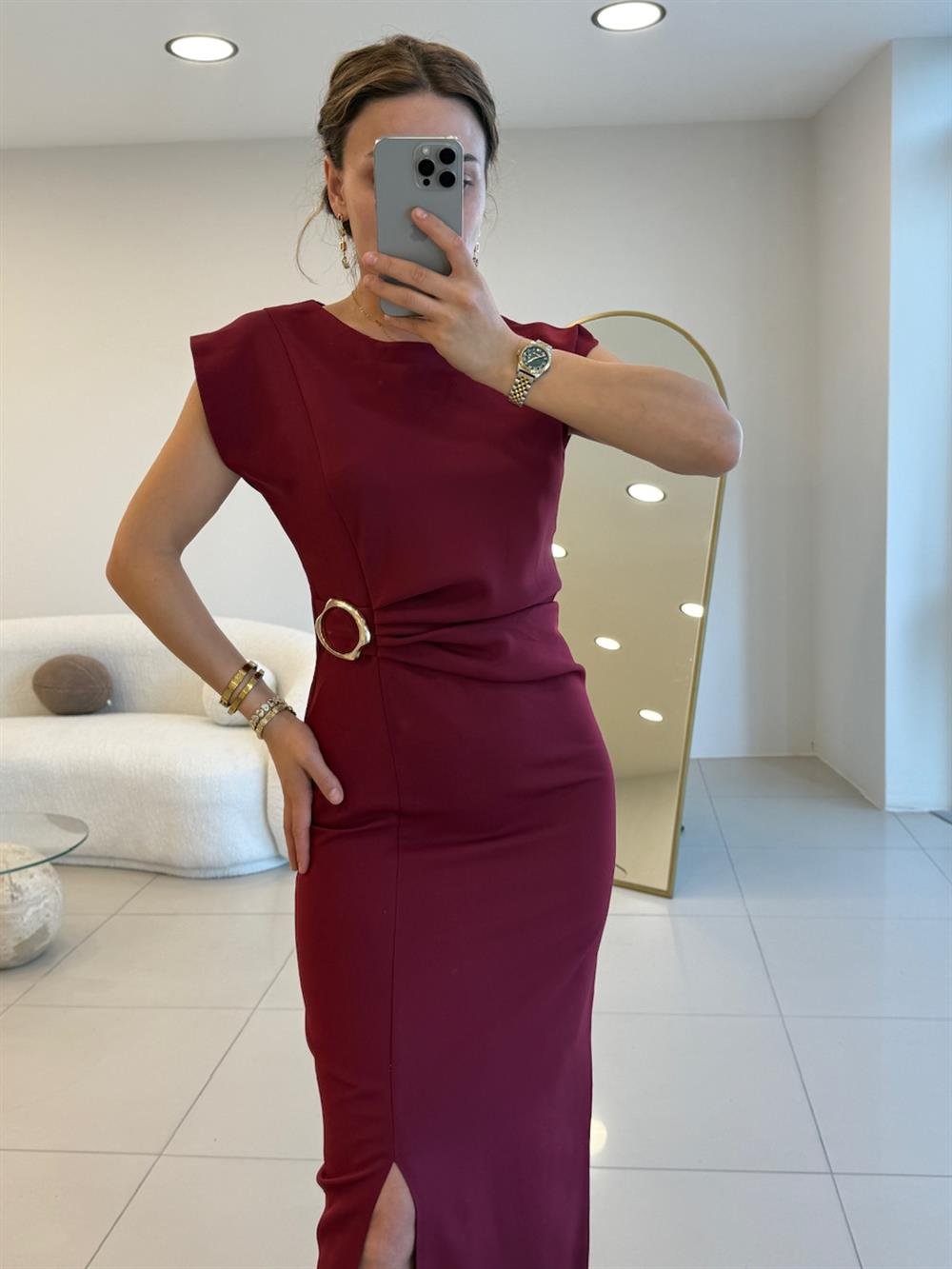 TOKA DETAYLI KRUVAZE ELBİSE BORDO
