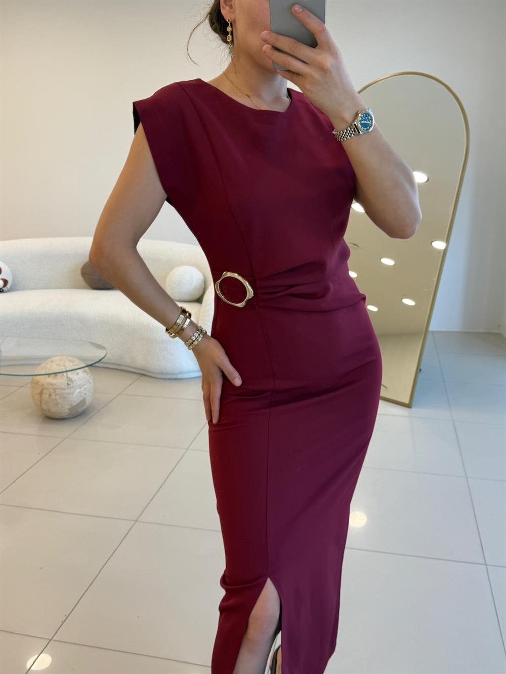 TOKA DETAYLI KRUVAZE ELBİSE BORDO