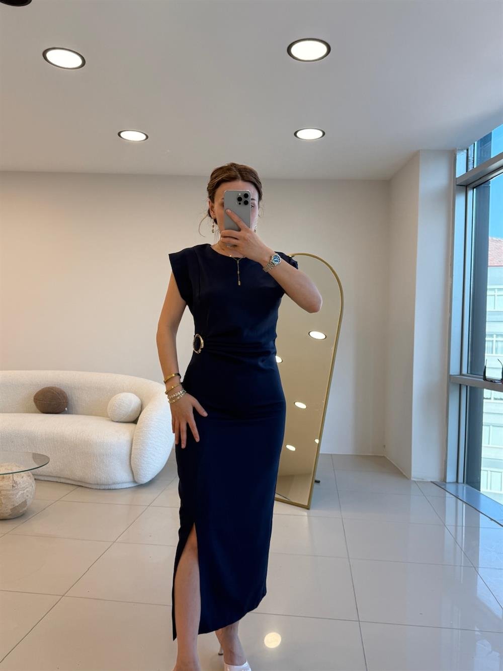 TOKA DETAYLI KRUVAZE ELBİSE LACİVERT