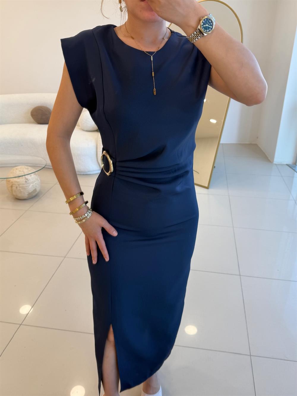 TOKA DETAYLI KRUVAZE ELBİSE LACİVERT