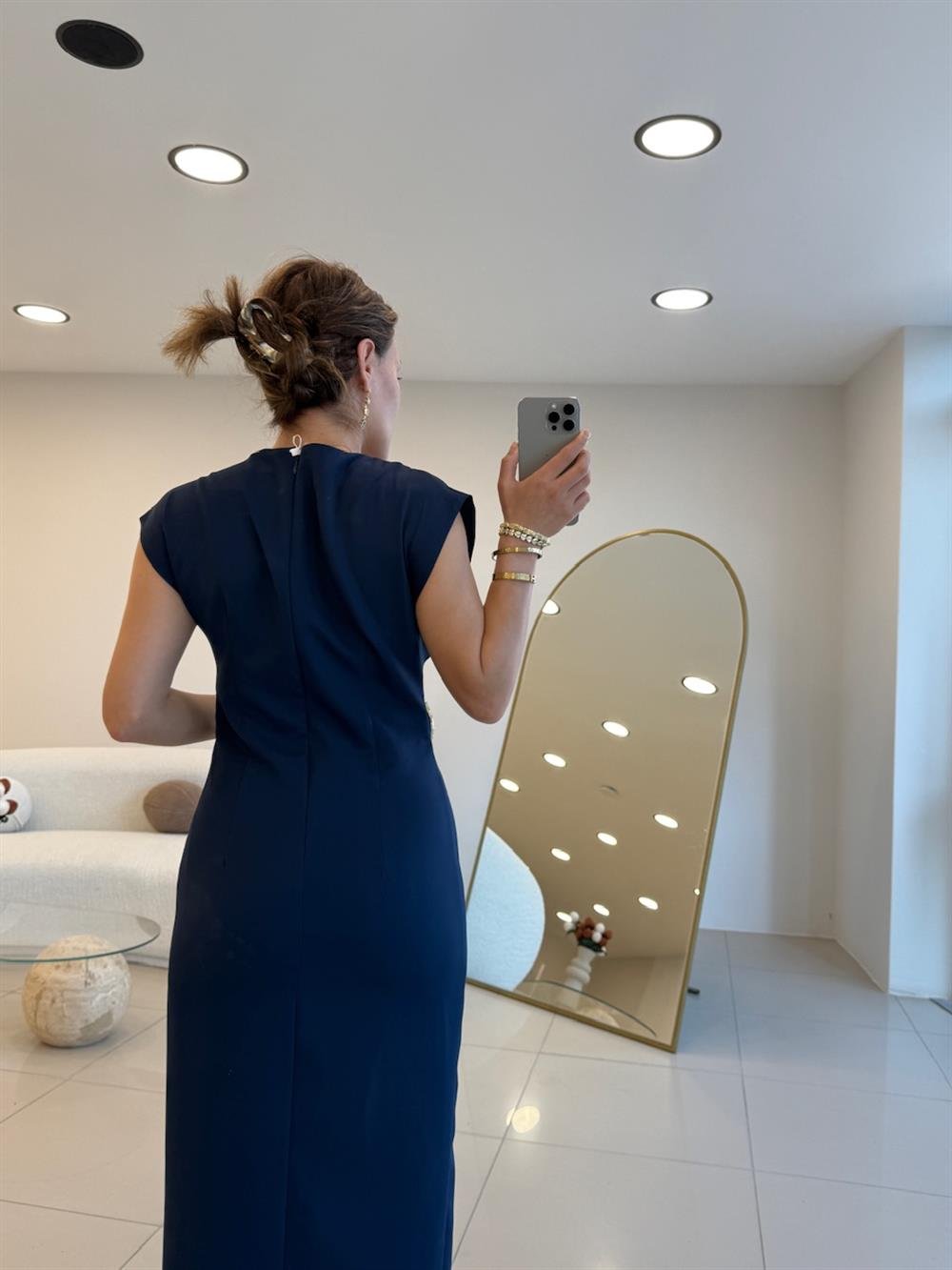 TOKA DETAYLI KRUVAZE ELBİSE LACİVERT