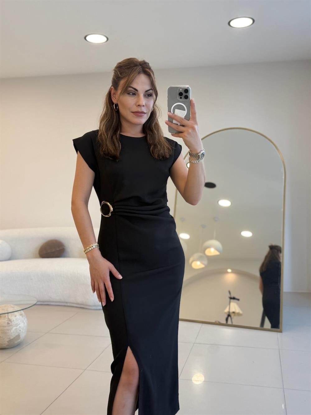 TOKA DETAYLI KRUVAZE ELBİSE SİYAH 