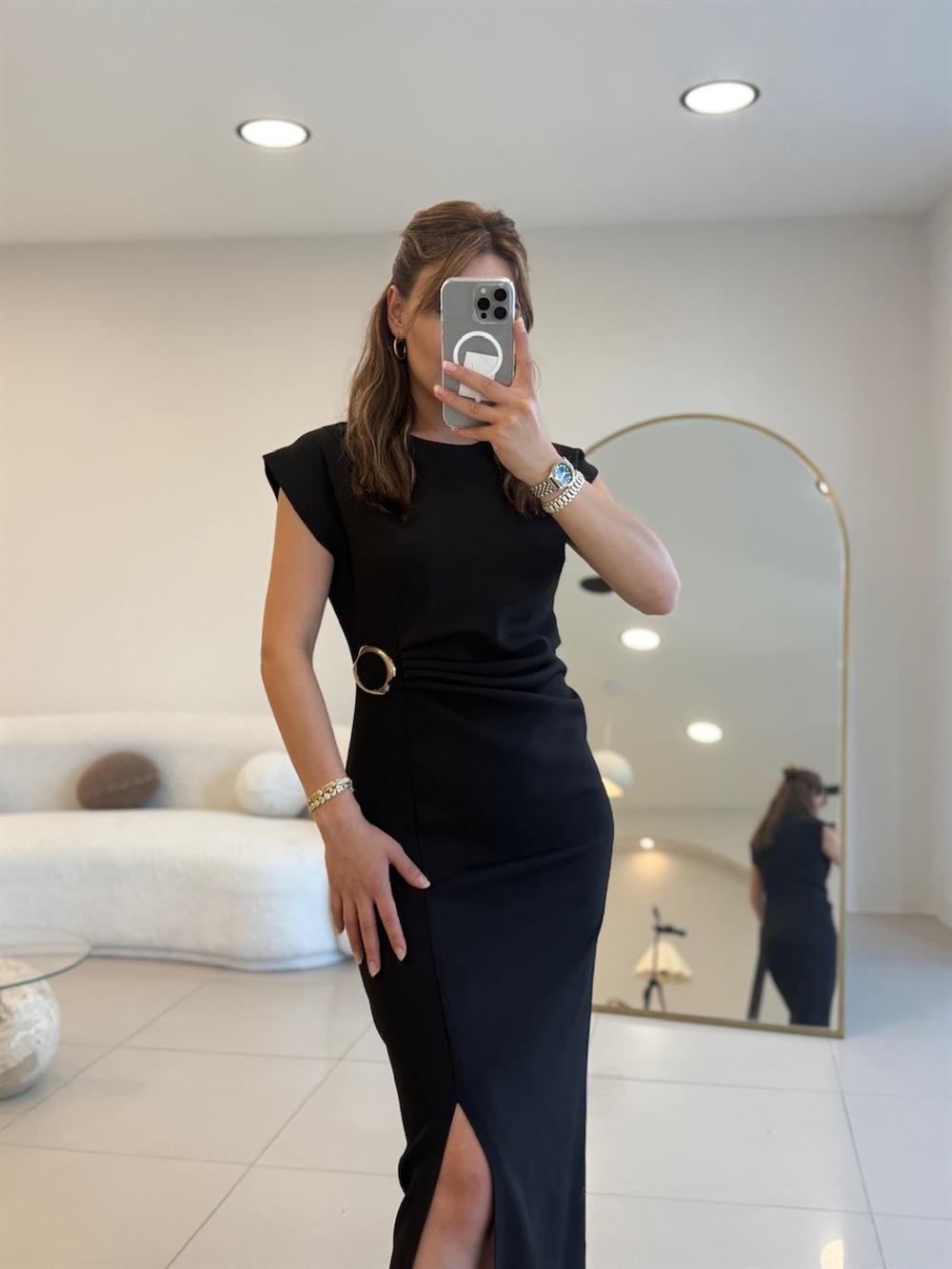 TOKA DETAYLI KRUVAZE ELBİSE SİYAH 