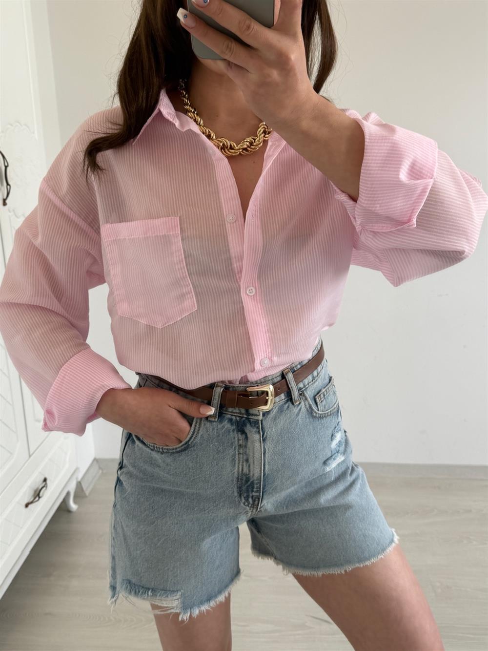 TRANSPARAN ÇİZGİLİ GÖMLEK PEMBE