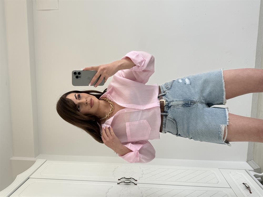 TRANSPARAN ÇİZGİLİ GÖMLEK PEMBE