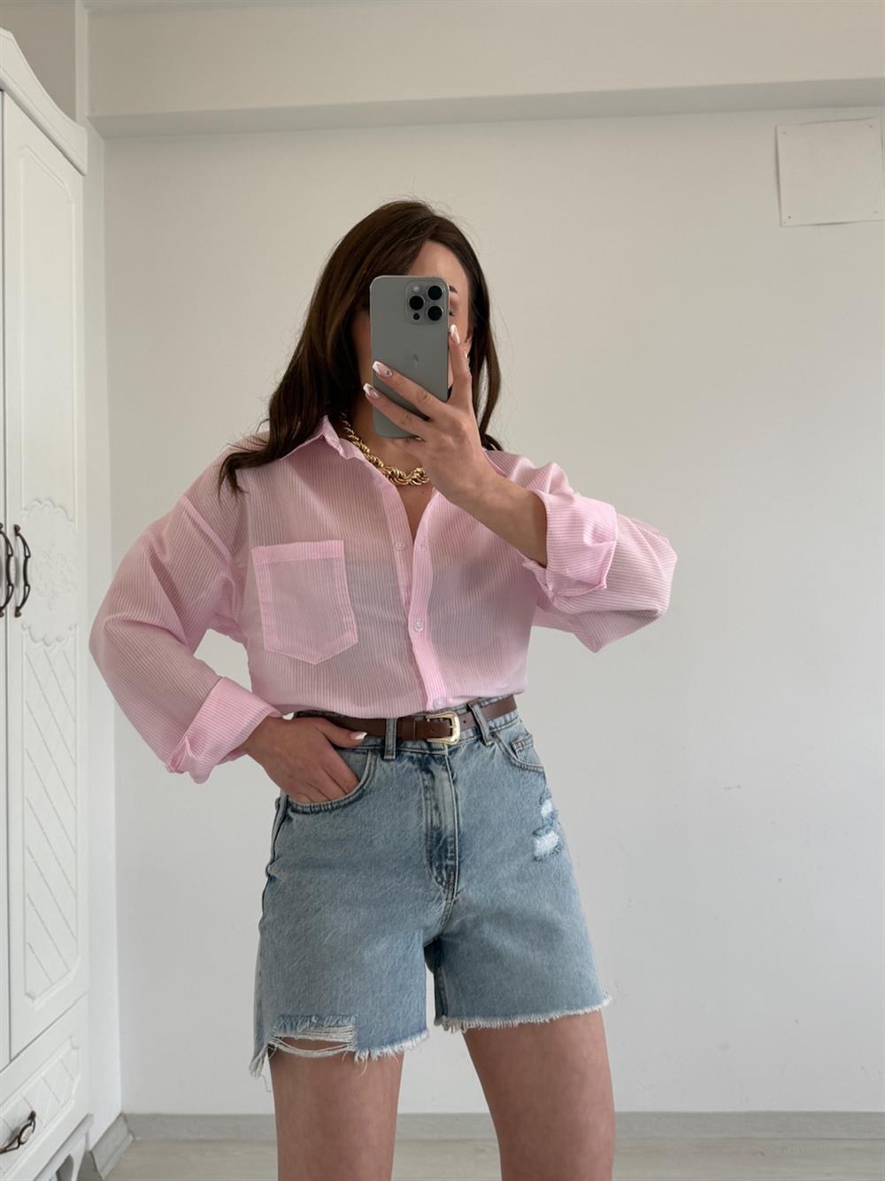 TRANSPARAN ÇİZGİLİ GÖMLEK PEMBE
