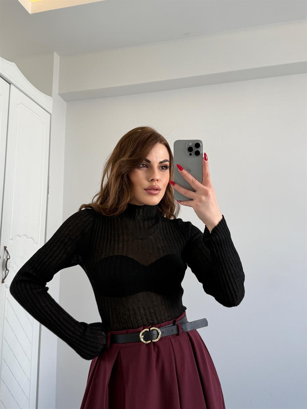 Transparan Tül Bluz Si̇yah