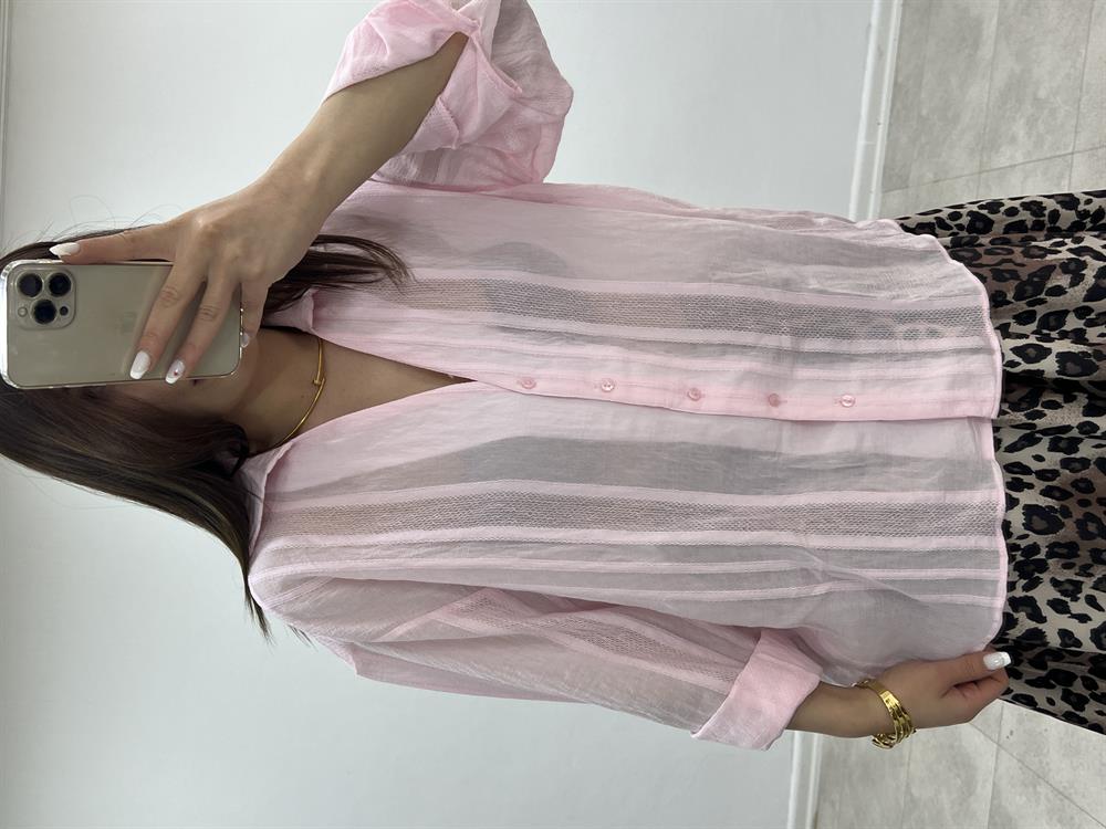 Transparan V Yaka Pembe Gömlek