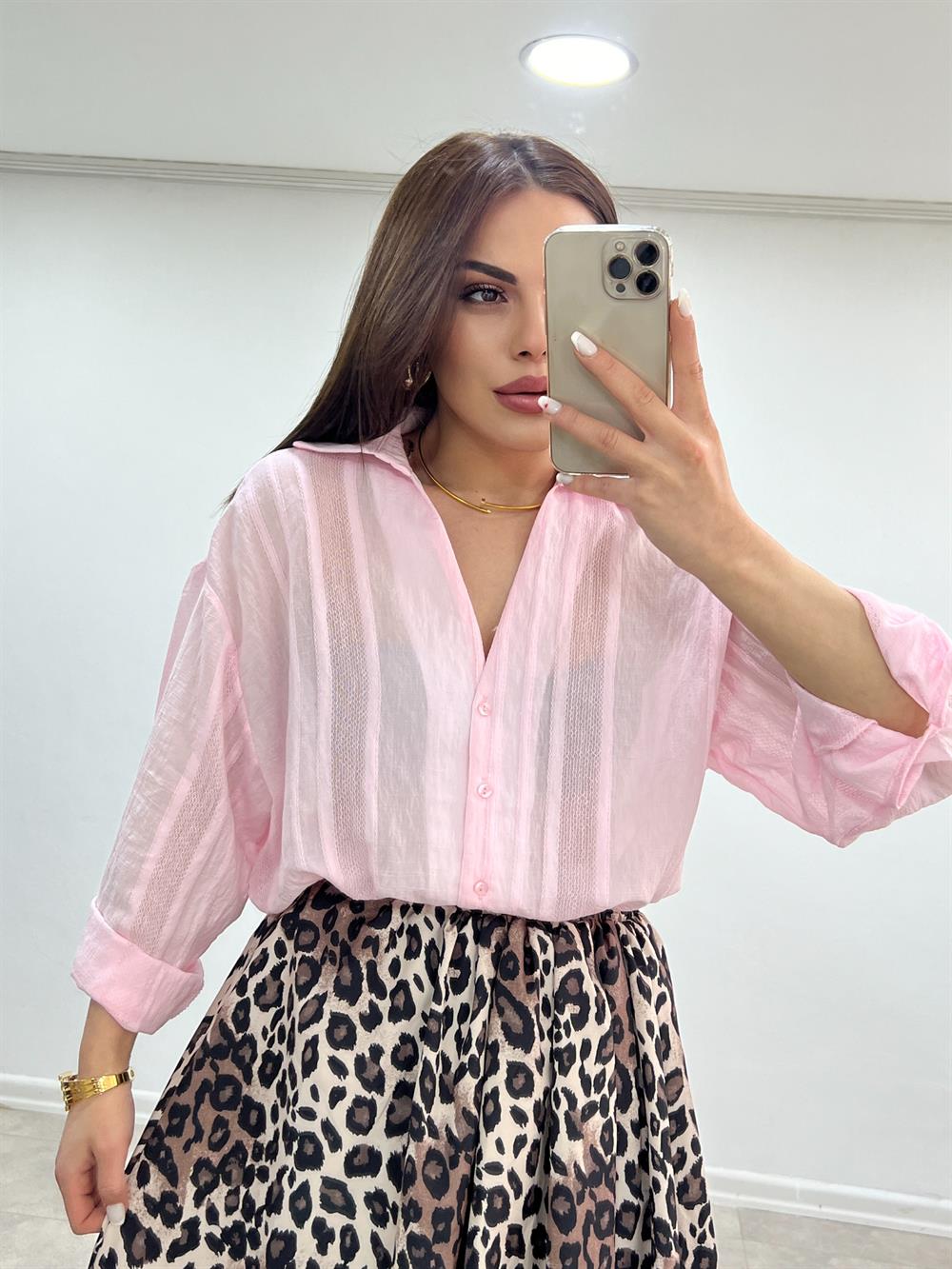 Transparan V Yaka Pembe Gömlek
