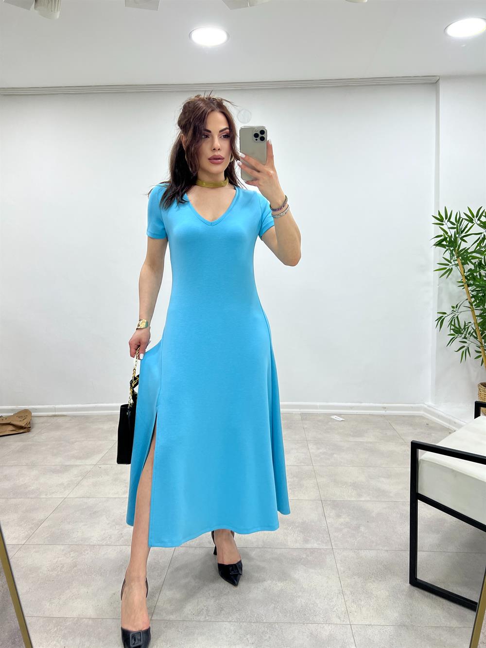 Turkuaz Mavi̇ V Yaka Modal Kumaş Elbi̇se