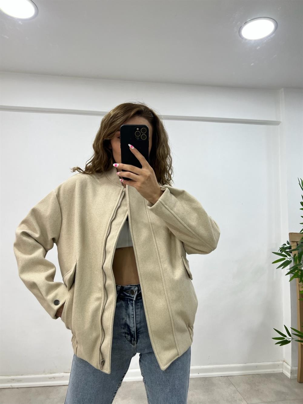 Uzun Bomber Ceket Ekru