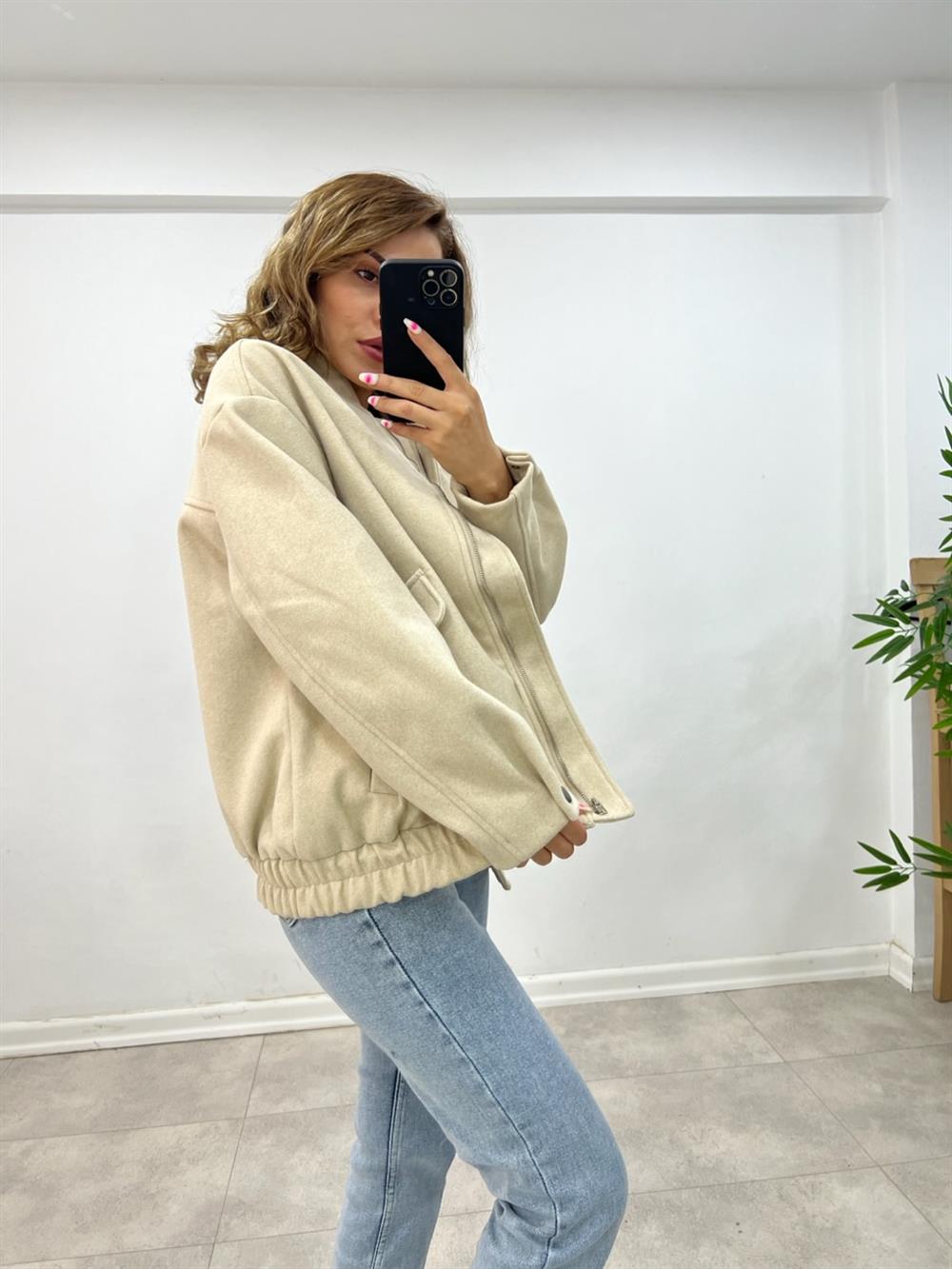 Uzun Bomber Ceket Ekru