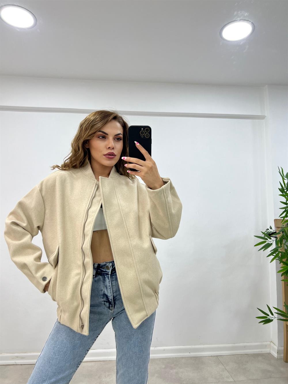 Uzun Bomber Ceket Ekru