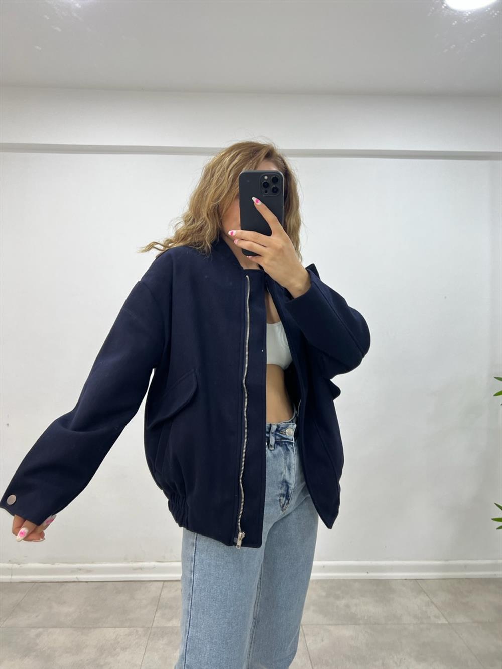 Uzun Bomber Ceket Laci̇vert