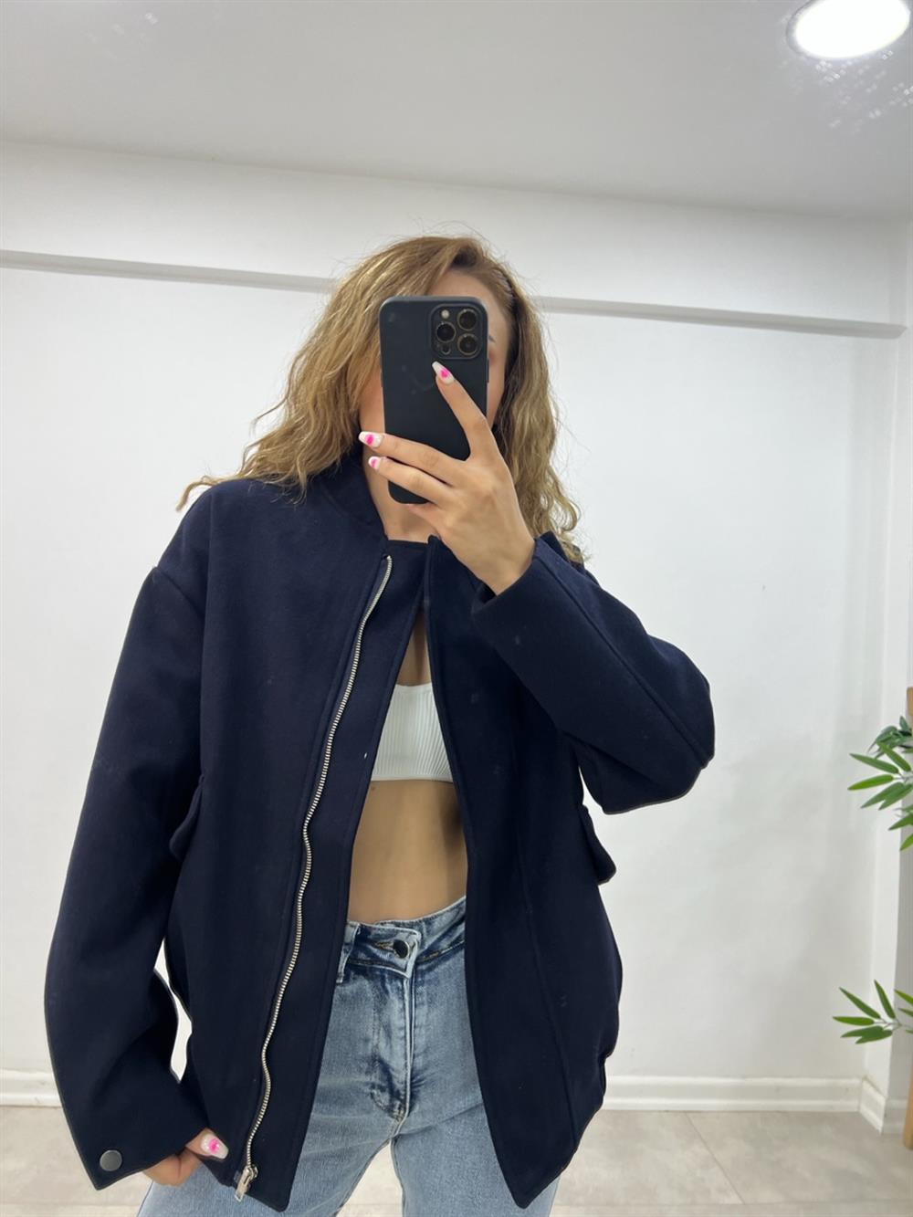 Uzun Bomber Ceket Laci̇vert