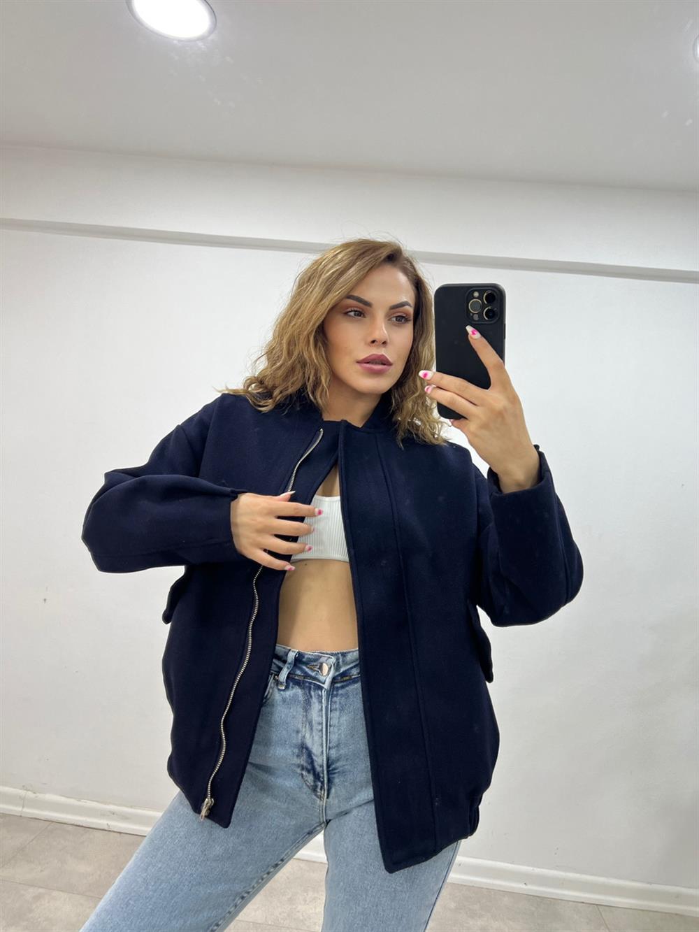 Uzun Bomber Ceket Laci̇vert