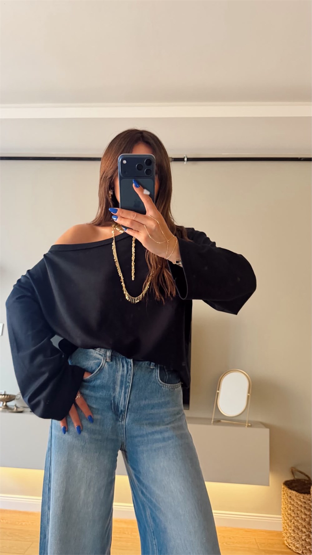 Uzun Kol Kayık Yaka Oversize Tshırt Lacivert