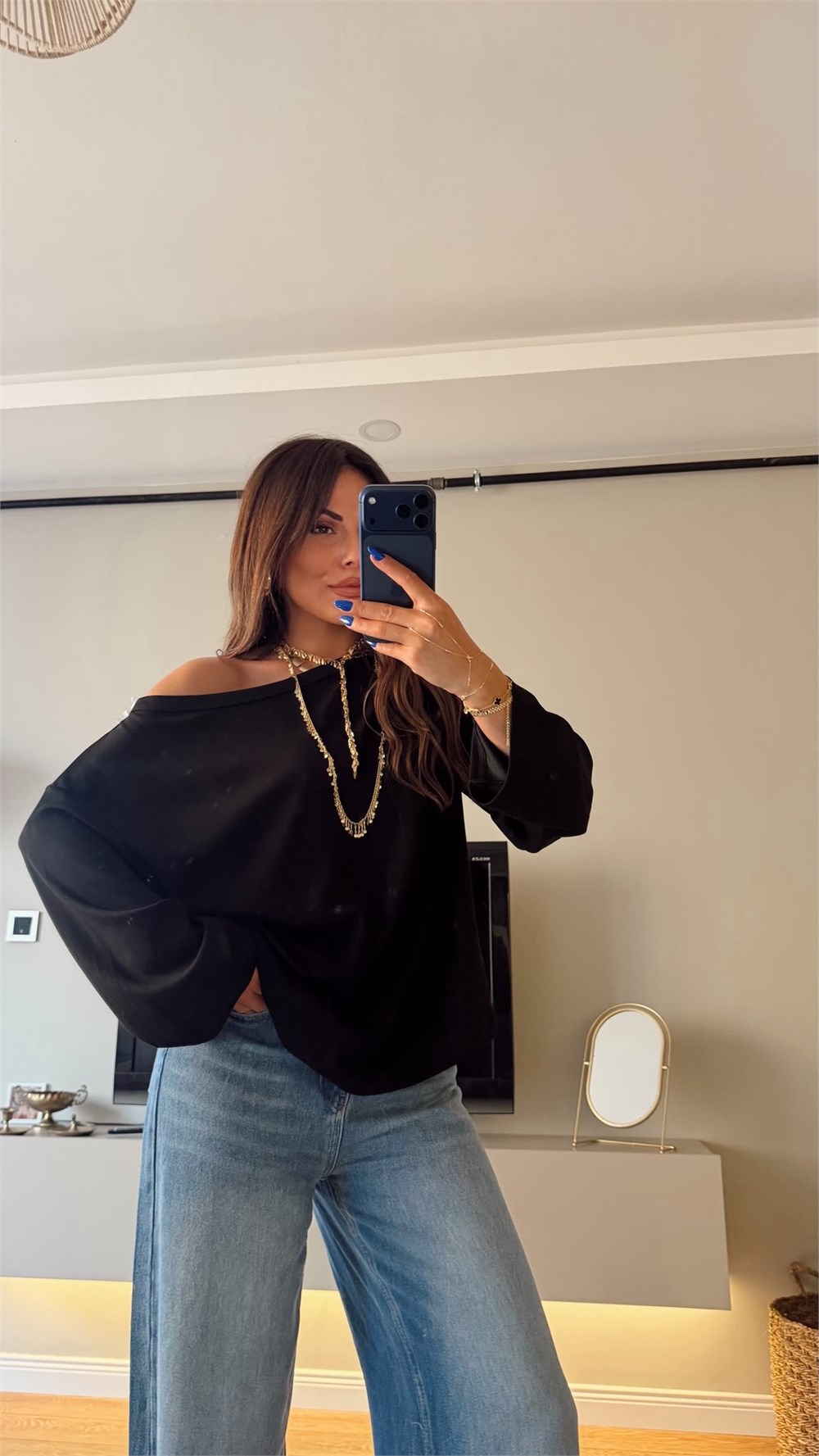 Uzun Kol Kayık Yaka Oversize Tshırt Lacivert
