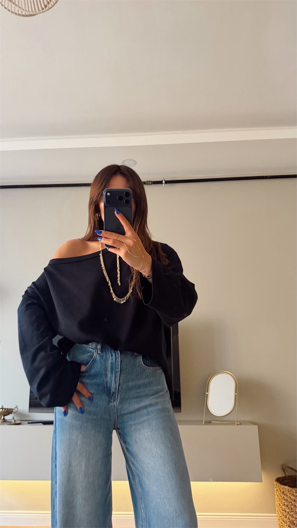 Uzun Kol Kayık Yaka Oversize Tshırt Lacivert