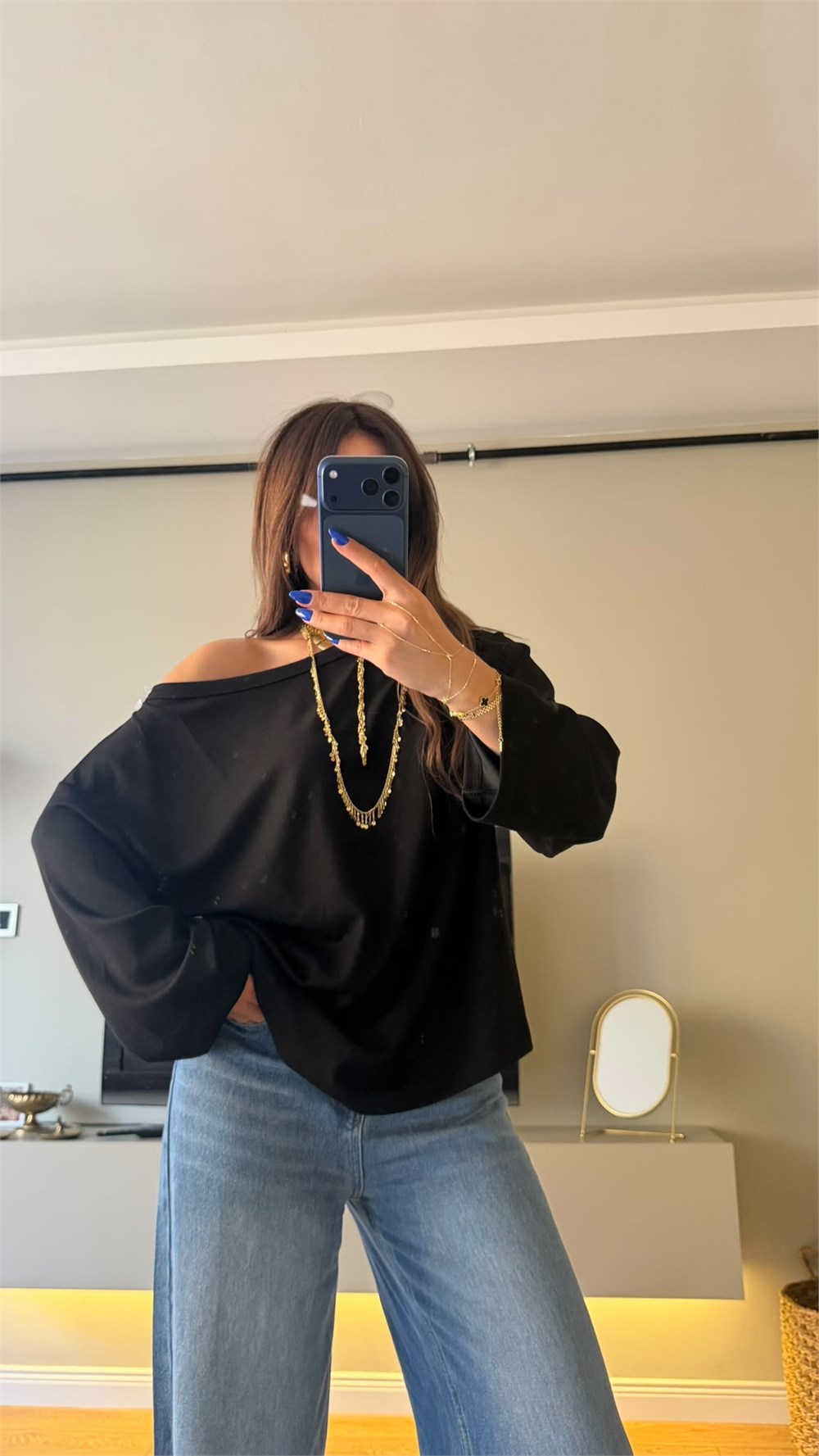 Uzun Kol Kayık Yaka Oversize Tshırt Siyah