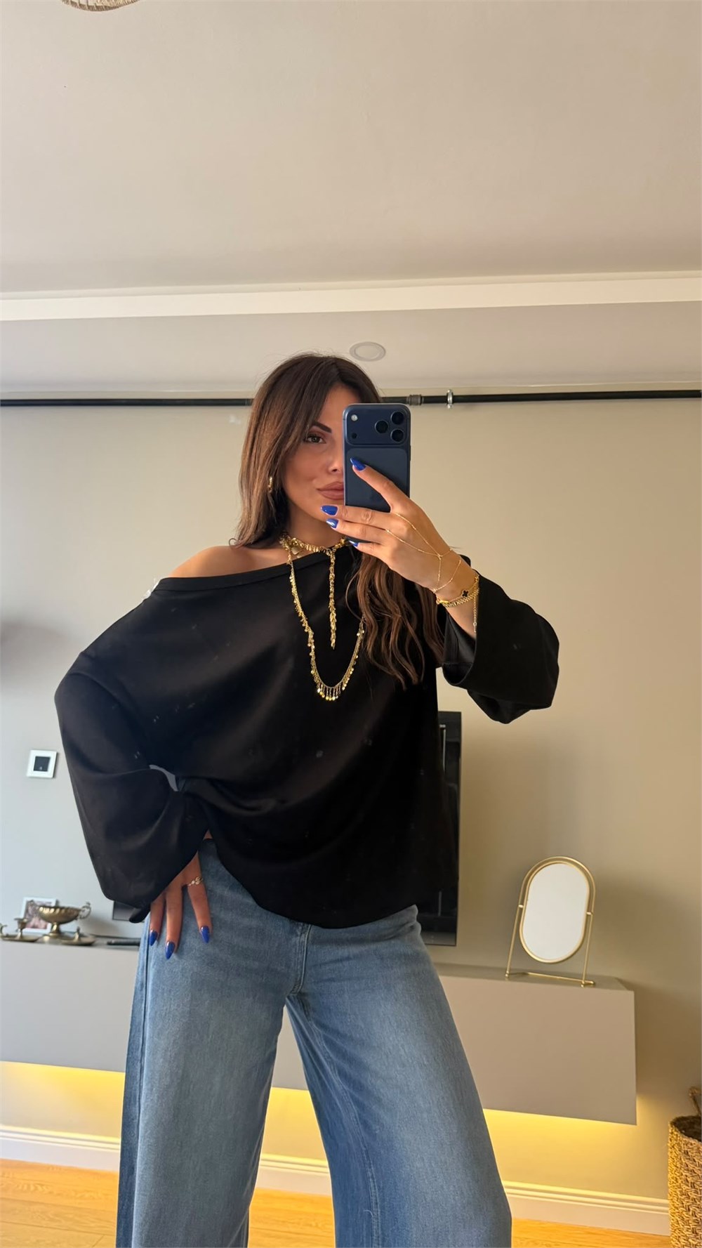 Uzun Kol Kayık Yaka Oversize Tshırt Siyah