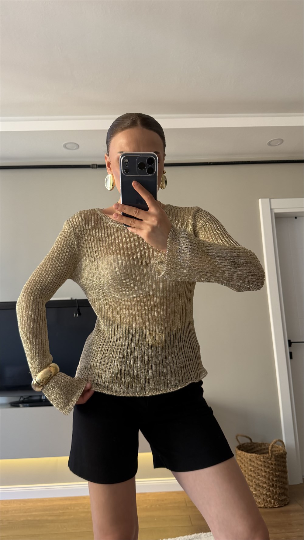 Uzun Kol Simli Bluz Gold