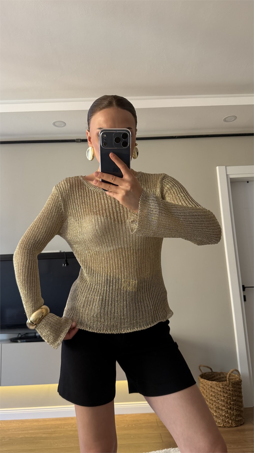 Uzun Kol Simli Bluz Gold