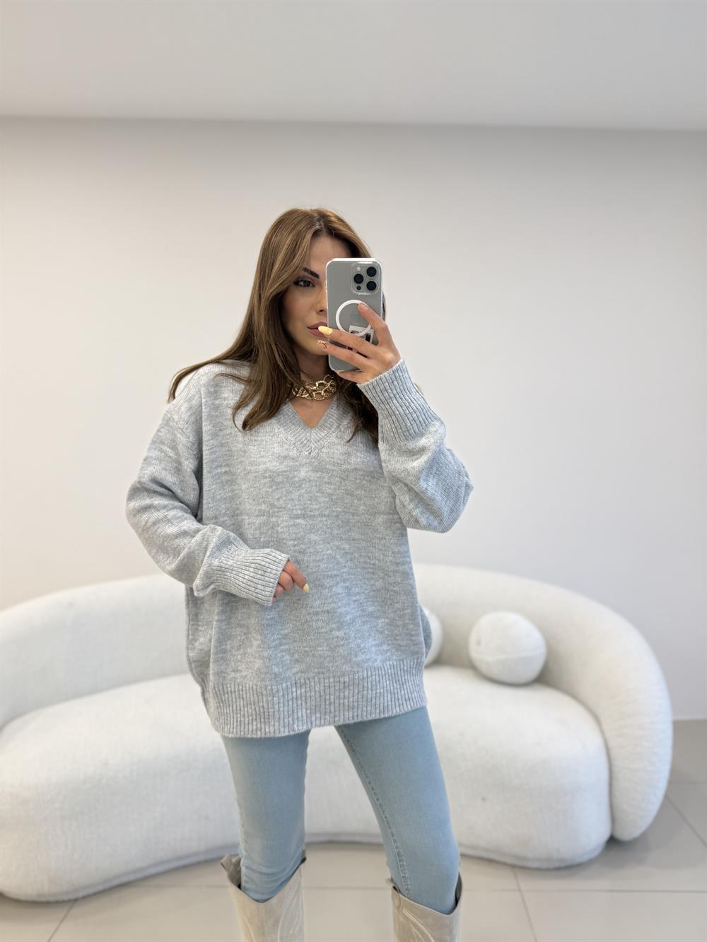 V YAKA BASİC KAZAK GRİ