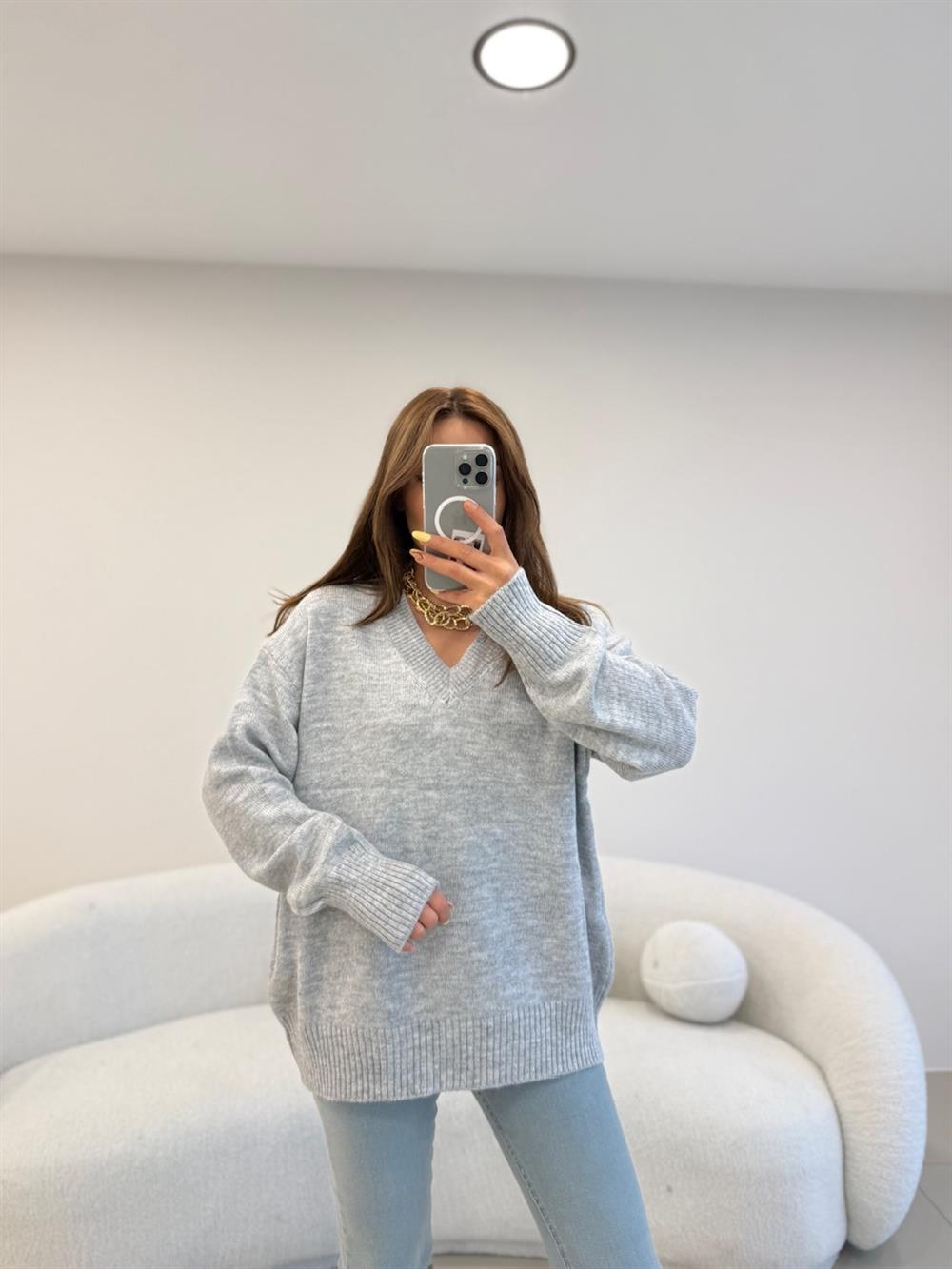 V YAKA BASİC KAZAK GRİ