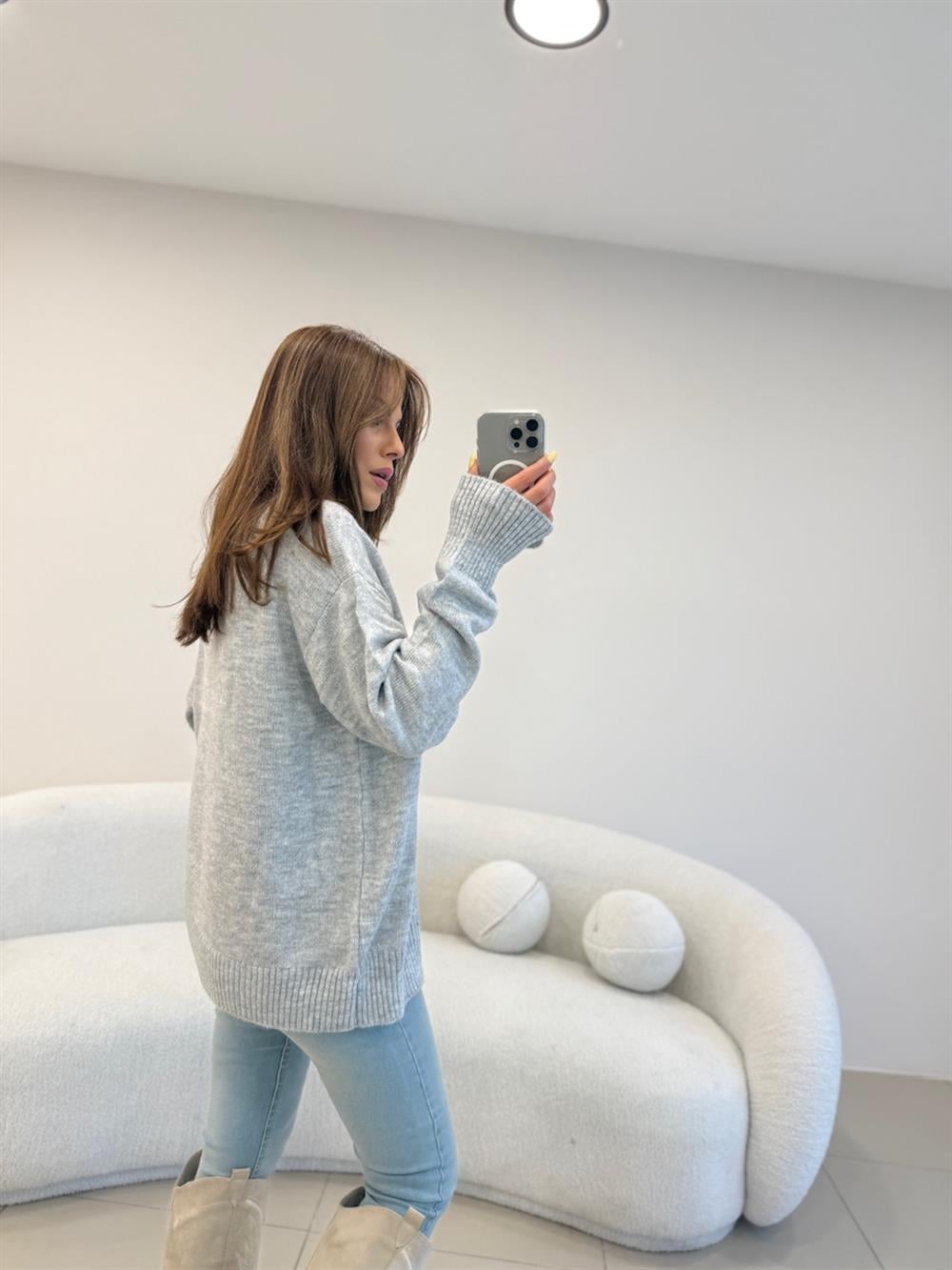 V YAKA BASİC KAZAK GRİ